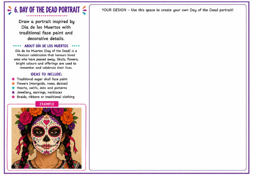 Day of the Dead Portrait Art Worksheet | Día de los Muertos Drawing Activity | KS2 KS3