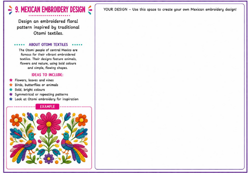 Mexican Embroidery Design Art Worksheet | Otomi Textile Pattern Activity | KS2 KS3