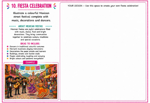 Fiesta Celebration Art Worksheet | Mexican Festival Drawing Activity | KS2 KS3 Folk Art