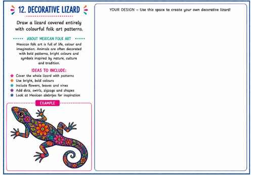 Decorative Lizard Art Worksheet | Mexican Folk Art Animal Drawing Activity | KS2 KS3