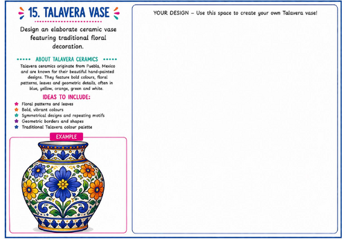 Talavera Vase Art Worksheet | Mexican Pottery Design Activity | KS2 KS3 Folk Art