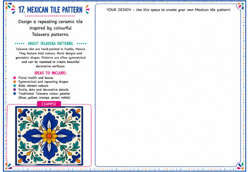 Mexican Tile Pattern Art Worksheet | Talavera Ceramic Design Activity | KS2 KS3