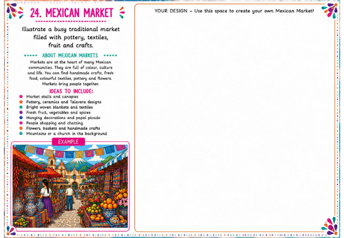 Mexican Market Art Worksheet | Cultural Street Scene Drawing Activity | KS2 KS3 Folk Art