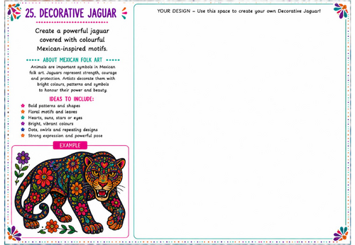 Decorative Jaguar Art Worksheet | Mexican Folk Art Animal Design | KS2 KS3
