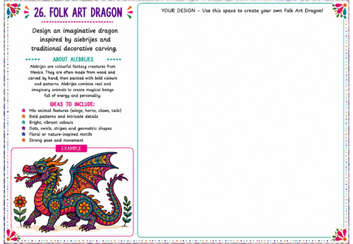 Folk Art Dragon Art Worksheet | Alebrije Inspired Drawing Activity | KS2 KS3 Mexican Folk Art