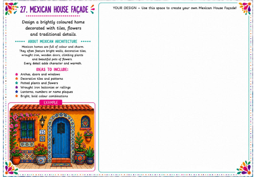 Mexican House Façade Art Worksheet | Architecture Drawing Activity | KS2 KS3 Folk Art