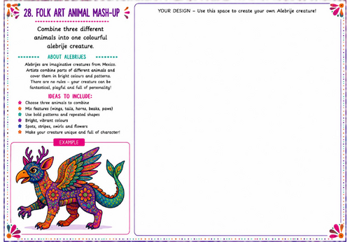 Folk Art Animal Mash-Up Art Worksheet | Alebrije Creature Design | KS2 KS3 Mexican Folk Art