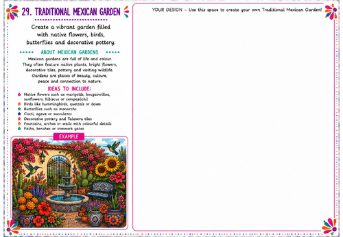 Traditional Mexican Garden Art Worksheet | Landscape Drawing Activity | KS2 KS3 Folk Art