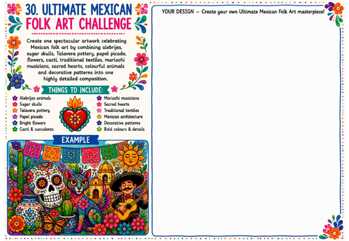 Ultimate Mexican Folk Art Challenge | KS2 KS3 Cultural Art Drawing Worksheet | Alebrijes, Sugar Skul