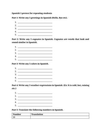 Spanish 1 pretest for repeating students