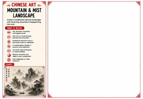 Mountain & Mist Landscape Worksheet | Chinese Art | KS2 KS3 KS4 Landscape Drawing