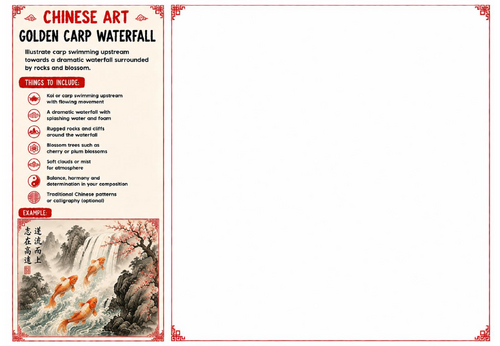 Golden Carp Waterfall Worksheet | Chinese Art | KS2 KS3 KS4 Drawing Challenge