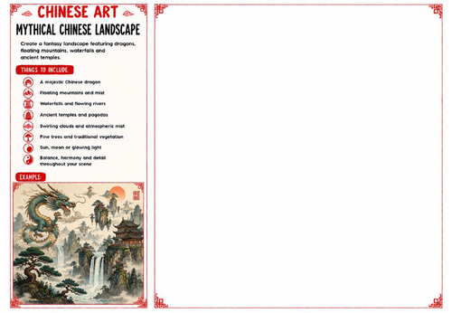 Mythical Chinese Landscape Worksheet | Chinese Art | KS2 KS3 KS4 Fantasy Art Activity