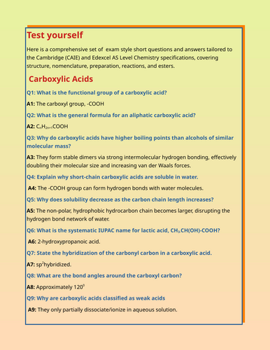 Carboxylic acids and Esters for EDEXCEL( IAS)  and CAIE  (AS level) students