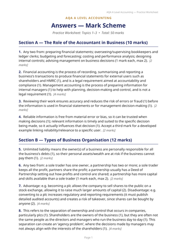 AQA A-level accountancy Foundations of accountancy test and mark scheme
