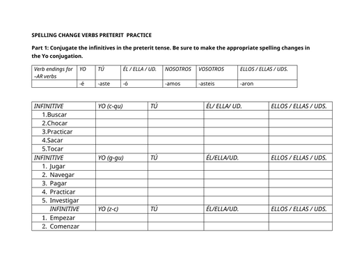 Spelling change verbs preterit worksheet
