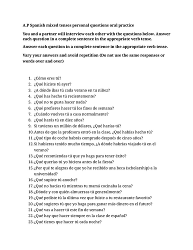 A.P Spanish mixed tenses personal questions oral practice