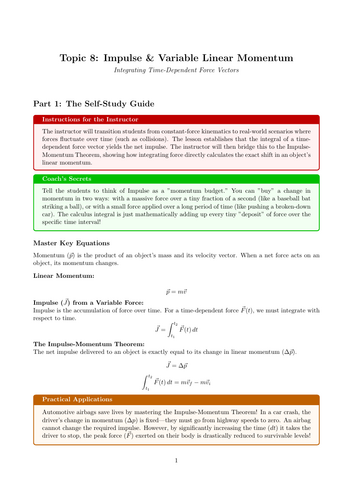 A-Level Physics Cover Work: Impulse & Variable Linear Momentum