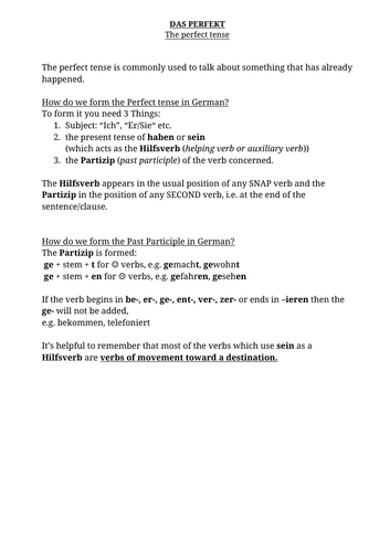 German Perfect tense Worksheet - KS3 + KS4