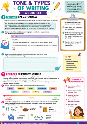 Tone and Types of Writing – Bright & Colourful GCSE English Worksheet Pack