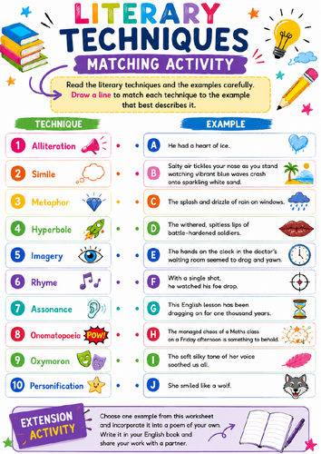 Literary Techniques Matching Activity – Bright & Colourful GCSE English Worksheet (A4)