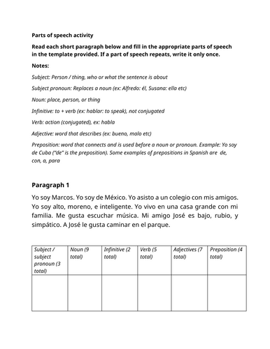 Parts of speech activity (Spanish)