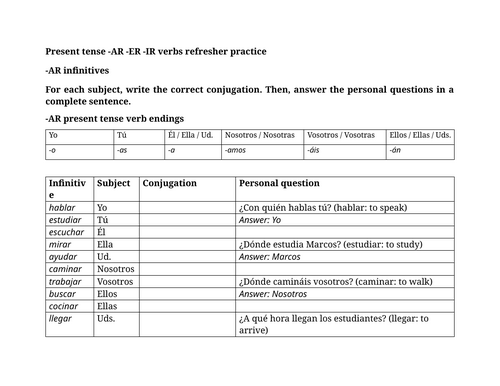Present tense -AR -ER -IR verbs refresher practice