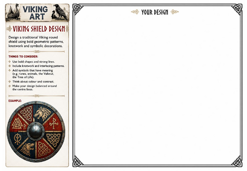 Viking Shield Design Art Worksheet | Viking Art Cover Lesson | KS2 KS3 Drawing Activity | Printable