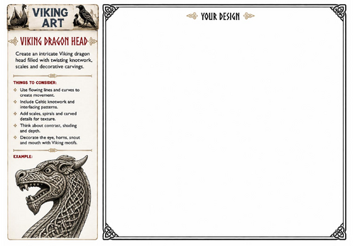 Viking Dragon Head Art Worksheet | Norse Dragon Drawing Activity | KS2 KS3 Printable Art Lesson