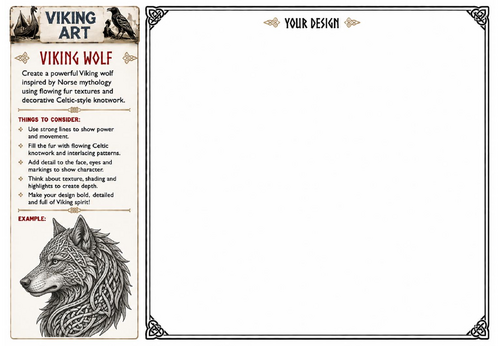Viking Wolf Art Worksheet | Norse Mythology Drawing Activity | KS2 KS3 Printable Art Lesson