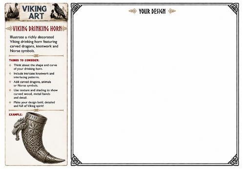 Viking Drinking Horn Art Worksheet | Viking Artefacts Drawing Activity | KS2 KS3 Art Cover Lesson