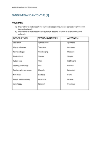 11+ Vocabulary Building Synonyms and Antonyms 1 and 2