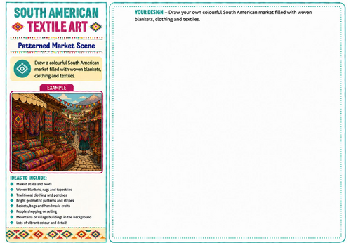 Patterned Market Scene | South American Textile Art Worksheet