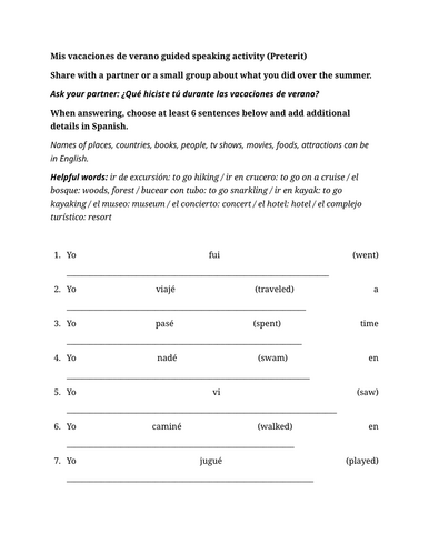 Mis vacaciones de verano guided speaking activity (Preterit)
