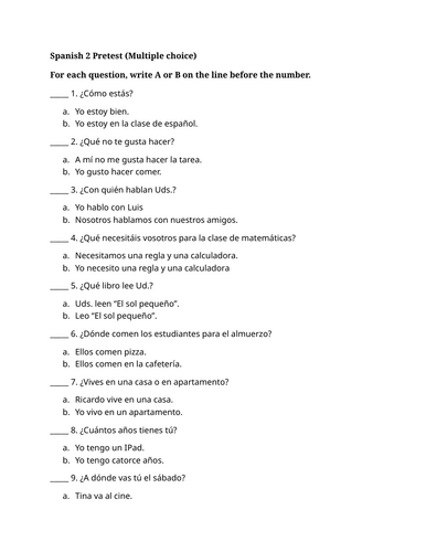 Spanish 2 Pretest (Multiple choice)