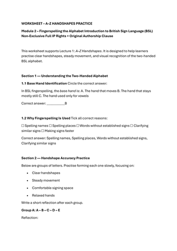 Module 2 - BSL Fingerspelling A–Z Worksheet – Sample from Full British Sign Language Course