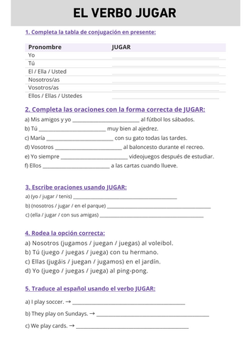The Verb JUGAR (Present Tense) – Printable Worksheet KS3/4