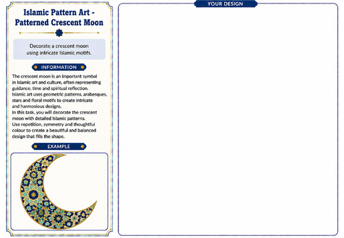 Islamic Pattern Art – Patterned Crescent Moon Worksheet | KS2 KS3 Ramadan Art Activity