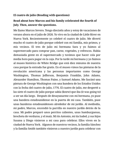 El cuatro de julio (Spanish reading with questions)