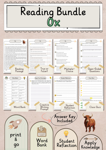 Ox  Premium Reading Comprehension Activities Bundle with Word Bank