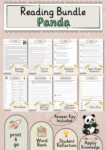 Panda Premium Reading Comprehension Activities Bundle with Word Bank