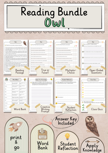 Owl Premium Reading Comprehension Activities Bundle with Word Bank