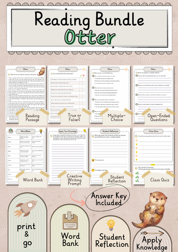 Otter Premium Reading Comprehension Activities Bundle with Word Bank