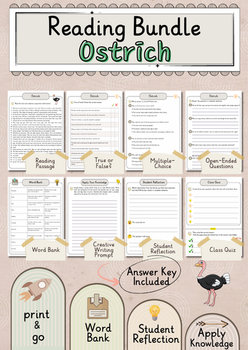 Ostrich Premium Reading Comprehension Activities Bundle with Word Bank