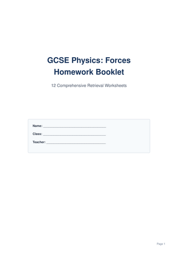 AQA GCSE Physics Retrieval Homework Booklet - Forces Topic