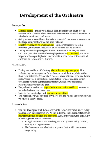 Development of the orchestra: Summary sheet and activity