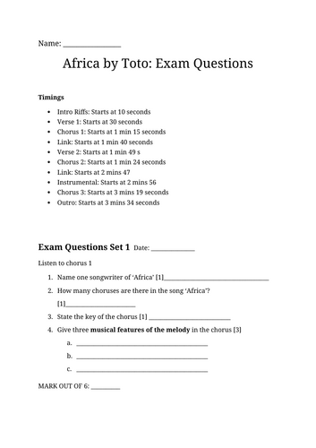 Toto's Africa: 12 short sets of exam questions