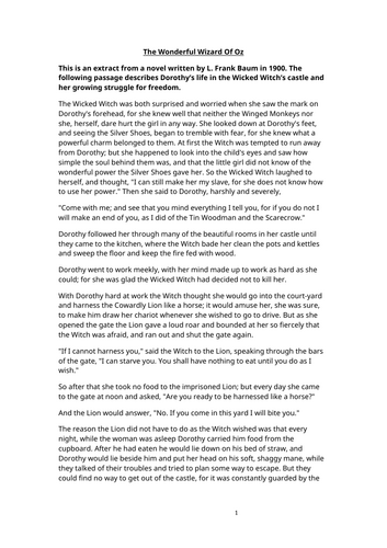 The Wonderful Wizard Of Oz Worksheet