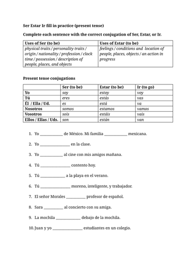 Ser Estar Ir fill in practice (present tense)