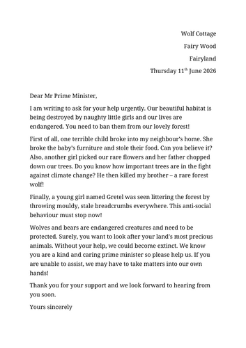 Persuasive letter WAGOLLS habitats and Global Warming KS1